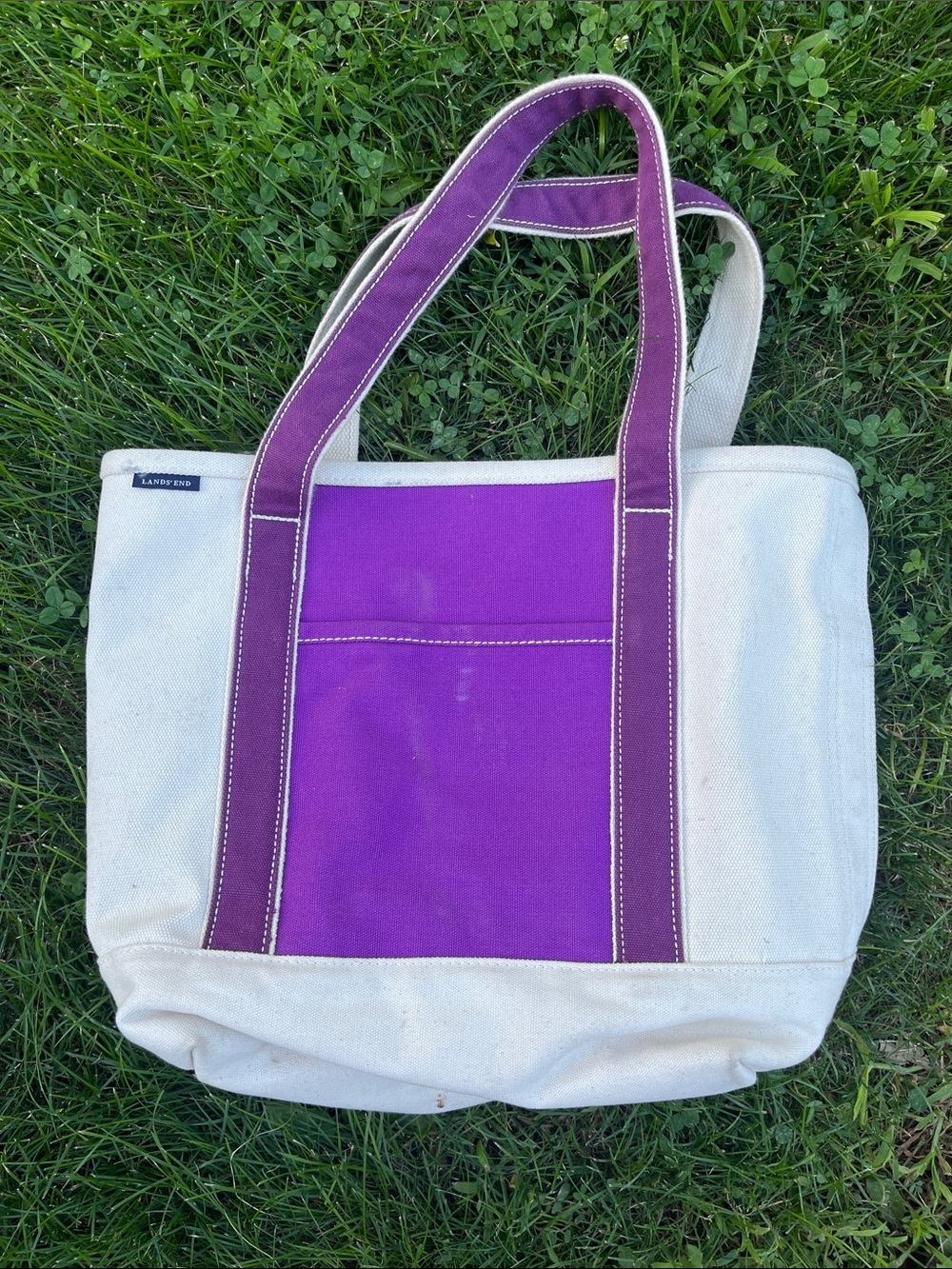 Lands' End Cream Canvas Tote with Purple Panels